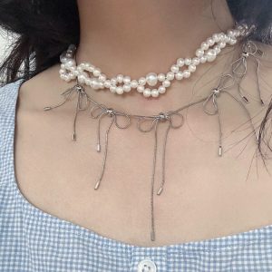 Coquette Aesthetic Silver Bow Choker - Cute Jewelry for Y2K and Soft Girl Styles