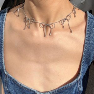 Coquette Aesthetic Silver Bow Choker - Cute Jewelry for Y2K and Soft Girl Styles