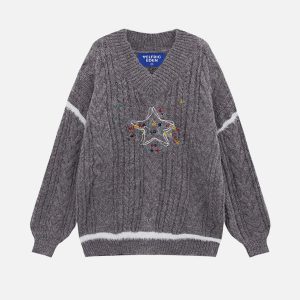 Coquette Aesthetic Star Embroidery Wool Blend Sweater for Y2K Fashion Lovers