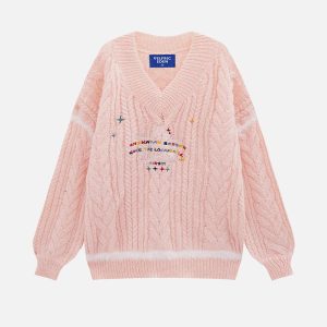 Coquette Aesthetic Star Embroidery Wool Blend Sweater for Y2K Fashion Lovers