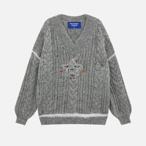 Coquette Aesthetic Star Embroidery Wool Blend Sweater for Y2K Fashion Lovers