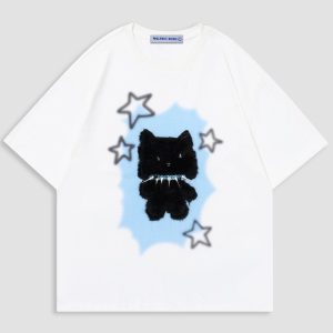 Coquette Aesthetic Star Plush Cat Tee - Cute Y2K Top for Cozy, Stylish Outfits