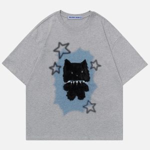 Coquette Aesthetic Star Plush Cat Tee - Cute Y2K Top for Cozy, Stylish Outfits