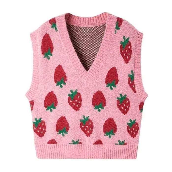 Coquette Aesthetic Strawberry Knit Vest - Y2K Style Cute Layering Top for Aesthetic Outfits