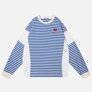 Coquette Aesthetic Stripe Embroidery Heartie Sweatshirt - Y2K Fashion Essential