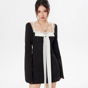 Coquette Aesthetic Striped Lace Strap Bow Mini Dress for Y2K Fashion Lovers