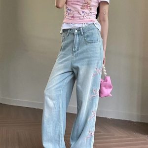 Coquette Bow-Embroidered Jeans for a Chic Y2K Aesthetic Look