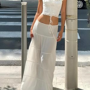 Coquette Lace-Up Crop Top & Maxi Skirt Set - Y2K Aesthetic Two-Piece Outfit