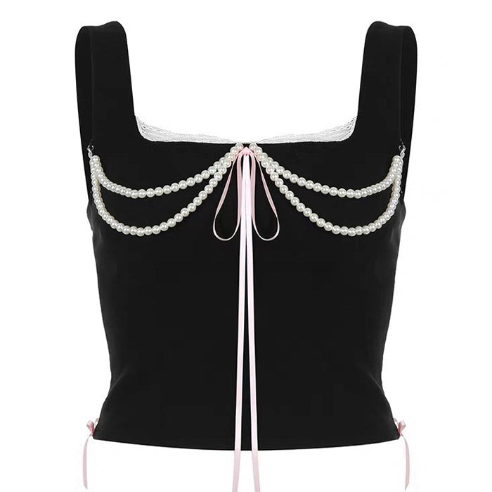 Coquette Pearl Bow Bustier Top - Y2K Aesthetic Cute Crop for Stylish Outfits