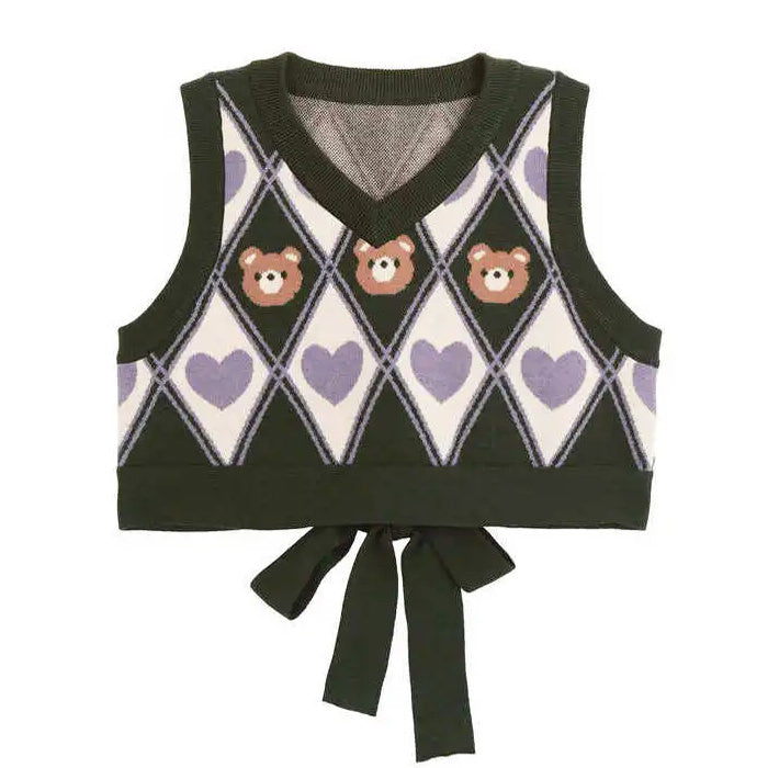 Coquette Style Preppy Bear Argyle Crop Vest - Y2K Aesthetic Cute Top for Trendy Outfits