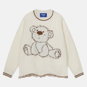 Cozy Cute Bear Sweater - Y2K Aesthetic Knit Top for Comfy Fall Outfits