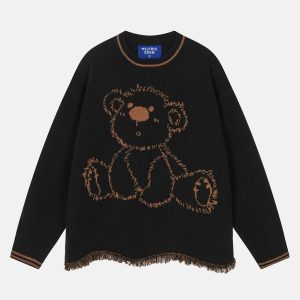 Cozy Cute Bear Sweater - Y2K Aesthetic Knit Top for Comfy Fall Outfits