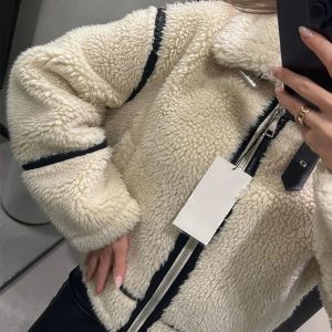 Cozy Faux Fur Zipper Hoodie - Y2K Aesthetic Comfy Top for Grunge and Coquette Styles