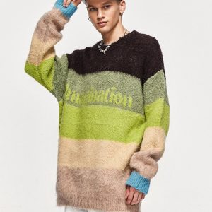 Cozy Fuzzy Striped Contrast Sweater for Y2K Aesthetic and Grunge Style Outfits