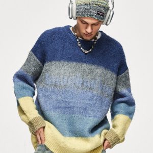 Cozy Fuzzy Striped Contrast Sweater for Y2K Aesthetic and Grunge Style Outfits