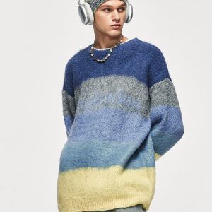 Cozy Fuzzy Striped Contrast Sweater for Y2K Aesthetic and Grunge Style Outfits