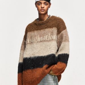 Cozy Fuzzy Striped Contrast Sweater for Y2K Aesthetic and Grunge Style Outfits