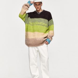 Cozy Fuzzy Striped Contrast Sweater for Y2K Aesthetic and Grunge Style Outfits