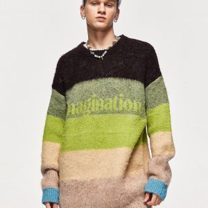 Cozy Fuzzy Striped Contrast Sweater for Y2K Aesthetic and Grunge Style Outfits