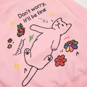 Cozy Happy Cat Hoodie - Y2K Aesthetic Comfy Top for Cute Outfits and Everyday Wear