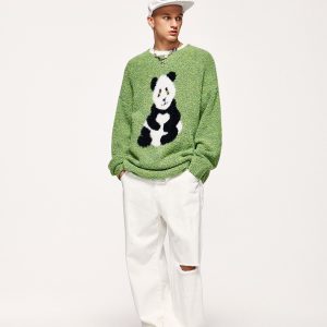 Cozy Loose Panda Knitted Fuzzy Sweater for Y2K Aesthetic and Cute Outfits