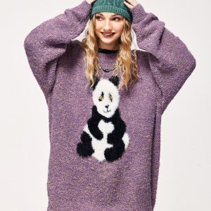 Cozy Loose Panda Knitted Fuzzy Sweater for Y2K Aesthetic and Cute Outfits