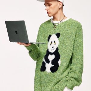 Cozy Loose Panda Knitted Fuzzy Sweater for Y2K Aesthetic and Cute Outfits