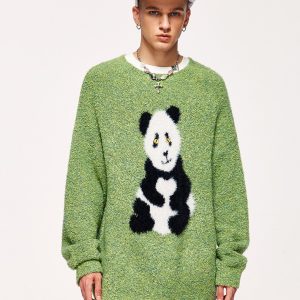 Cozy Loose Panda Knitted Fuzzy Sweater for Y2K Aesthetic and Cute Outfits