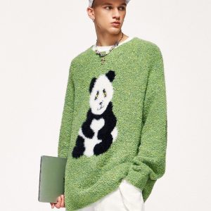 Cozy Loose Panda Knitted Fuzzy Sweater for Y2K Aesthetic and Cute Outfits