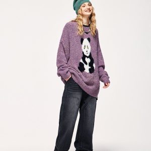 Cozy Loose Panda Knitted Fuzzy Sweater for Y2K Aesthetic and Cute Outfits