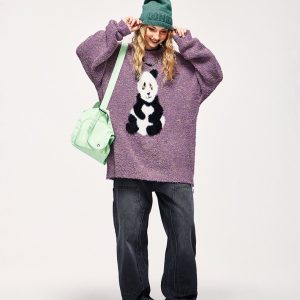 Cozy Loose Panda Knitted Fuzzy Sweater for Y2K Aesthetic and Cute Outfits