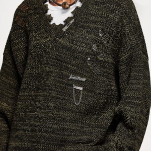 Cozy Loose Ripped Knitted Sweater for Y2K Aesthetic and Grunge Style Outfits