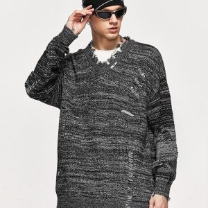 Cozy Loose Ripped Knitted Sweater for Y2K Aesthetic and Grunge Style Outfits