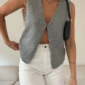 Cozy Open Front Knitted Cardigan Vest for Y2K Aesthetic and Soft Girl Style