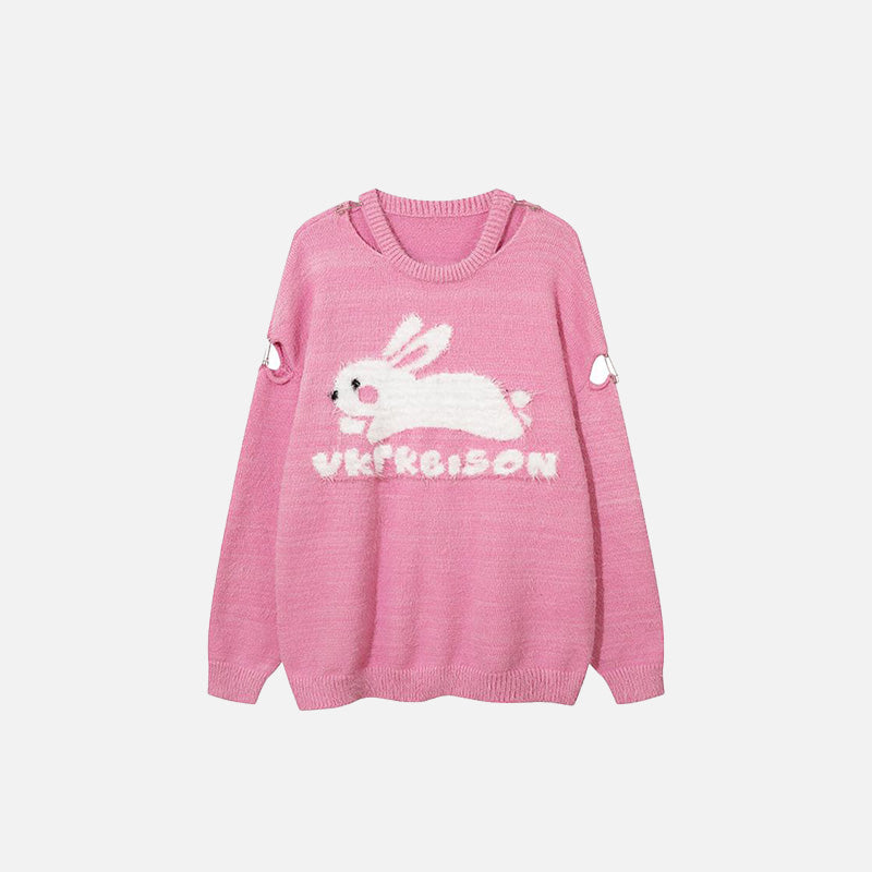 Cozy Rabbit Graphic Fuzzy Sweater for Y2K Aesthetic and Cute Outfits