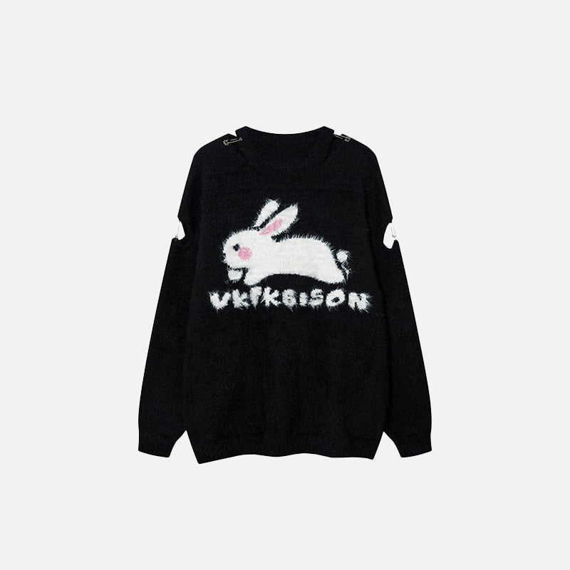 Cozy Rabbit Graphic Fuzzy Sweater for Y2K Aesthetic and Cute Outfits