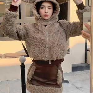 Cozy Rabbit Hood Teddy Two Piece Set for Y2K Aesthetic and Cute Outfits