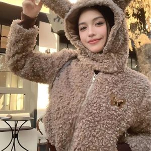 Cozy Rabbit Hood Teddy Two Piece Set for Y2K Aesthetic and Cute Outfits