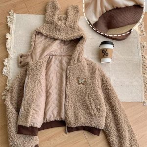 Cozy Rabbit Hood Teddy Two Piece Set for Y2K Aesthetic and Cute Outfits