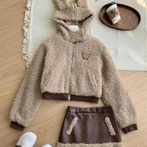 Cozy Rabbit Hood Teddy Two Piece Set for Y2K Aesthetic and Cute Outfits