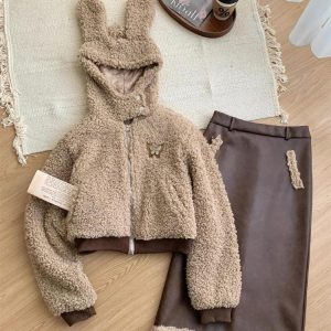 Cozy Rabbit Hood Teddy Two Piece Set for Y2K Aesthetic and Cute Outfits