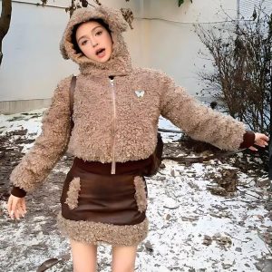 Cozy Rabbit Hood Teddy Two Piece Set for Y2K Aesthetic and Cute Outfits