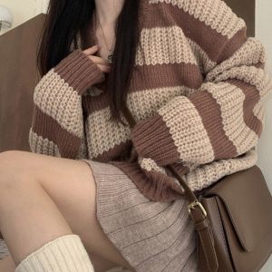 Cozy Striped Sweater for Y2K Aesthetic Lovers - Perfect for Fall and Comfy Outfits