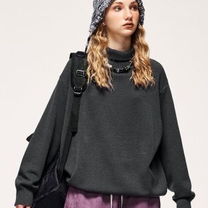 Cozy Turtleneck Loose Solid Color Sweater for Y2K Aesthetic and Grunge Style Outfits