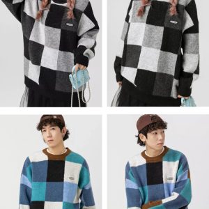 Cozy Y2K Patchwork Sweater for Aesthetic Outfits and Comfy Fall Fashion