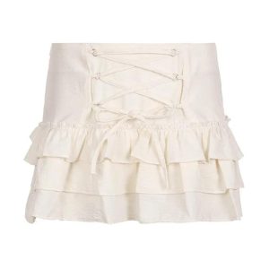 Crossover Tie-Up Ruffle Hem Tiered Mini Skirt for Y2K Fashion & Coquette Aesthetic