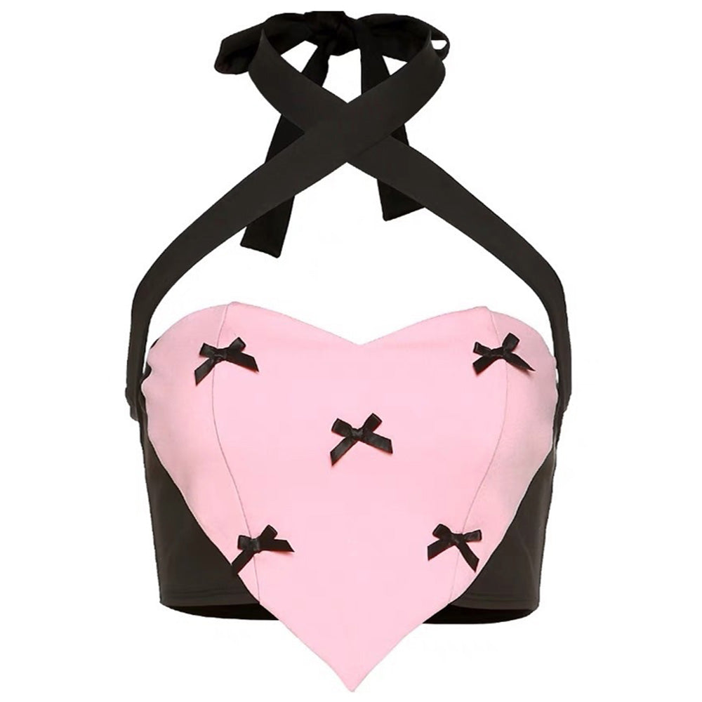 Cute Bow Heart Halter Top - Y2K Aesthetic Fashion for Stylish Outfits