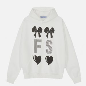 Cute Bow Heart Print Y2K Hoodie - Comfy Coquette Aesthetic Top for Stylish Outfits