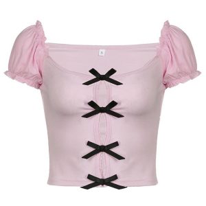 Cute Bowknot Decor Hollow Out Top - Y2K Aesthetic Shirt for Coquette Style Outfits