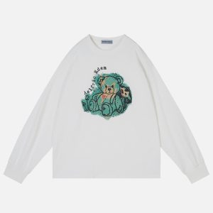 Cute Cartoon Bear Print Sweatshirt in Y2K Aesthetic for Cozy and Comfy Outfits